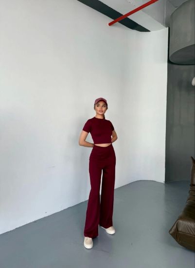 Osy Modal Yumuşak Dokulu Kumaş Kısa Kollu Crop Rahat Pantalon Ikili Takım - Bordo resmi